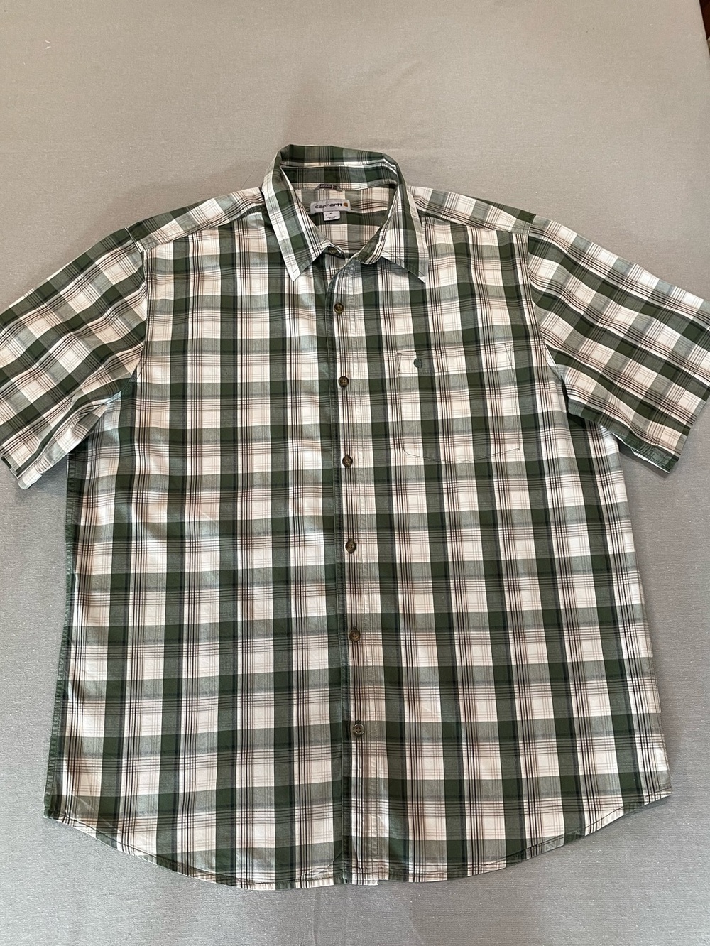Carhartt Green and White Plaid Short-Sleeve Button-Down Relaxed Fit Shirt